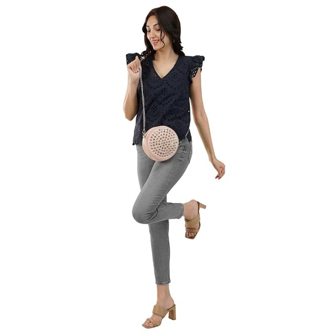 VAibr(ə)nt Women's Self Design Flutter Sleeve Schiffli Top