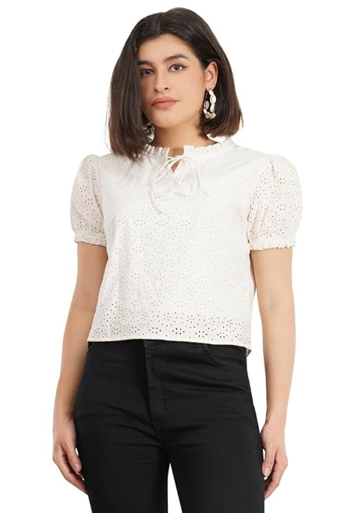 VAibr(ə)nt Women Tie-Up Neck Puff Sleeves Cotton Schiffli Top
