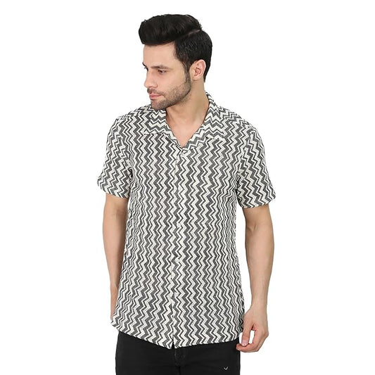 VAibr(ə)nt Men's White & Black Crochet Cuban Collar Relaxed Shirt