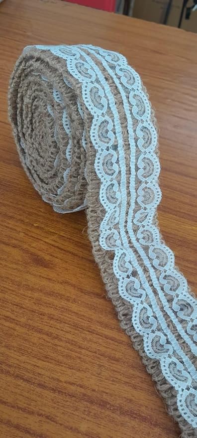 Rustic Jute Lace Trim – 6.3 Inch Burlap Ribbon with White Lace Overlay for Crafts, Wedding Décor, Gift Wrapping & DIY Projects