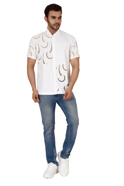 VAibr(ə)nt Men's White Crochet lace Embroidered Shirt