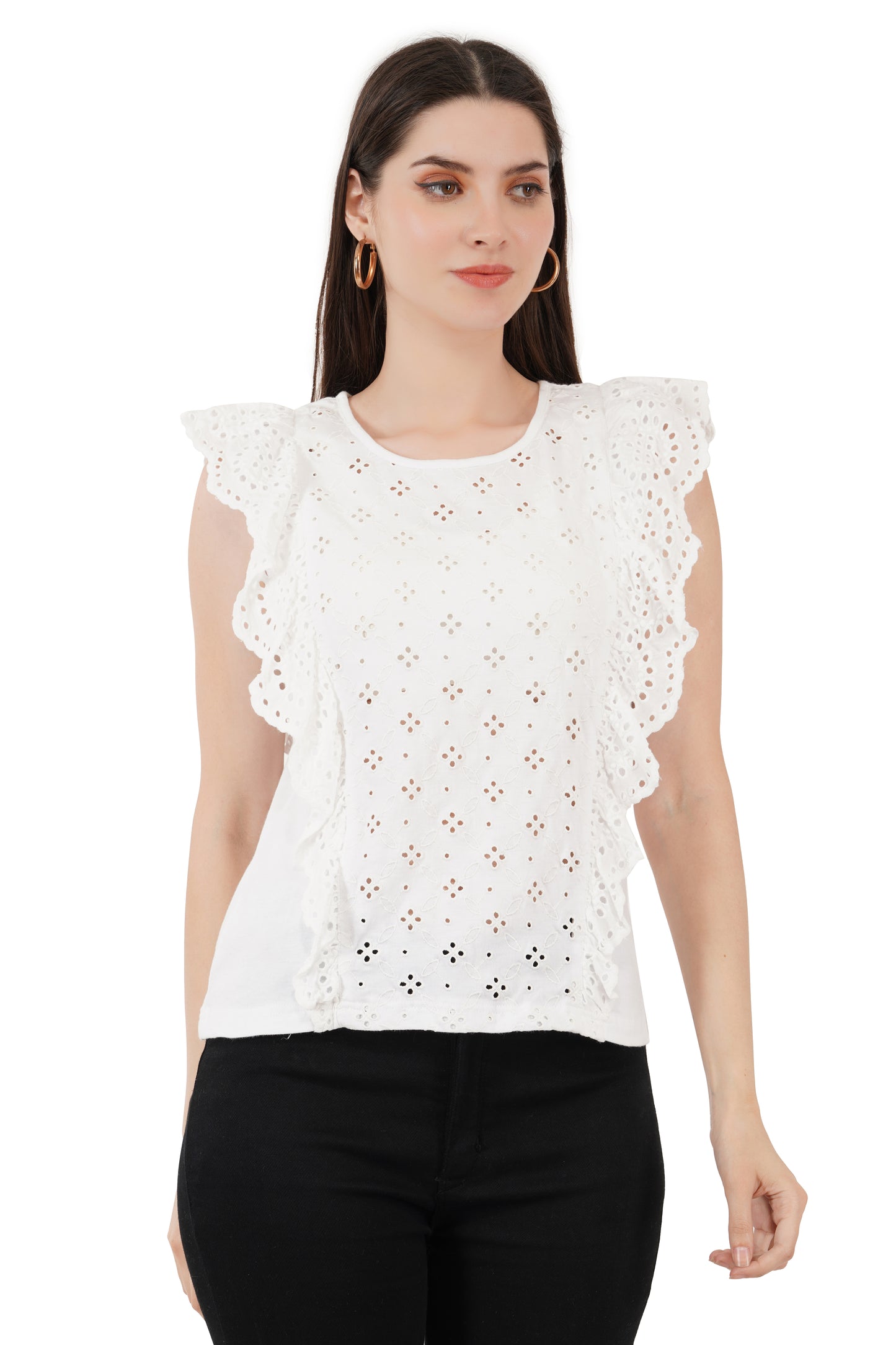 VAibr(ə)nt Self Design Flutter Sleeves Ruffles Schiffli Top