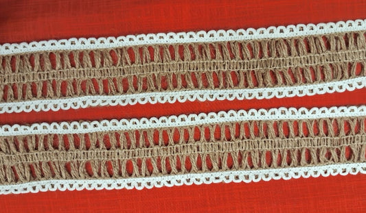 Rustic Jute Lace Trim with White Cotton Crochet Edging – 6.5 cm Wide Natural Burlap Ribbon for Crafts, Gift Wrapping, Wedding & Home Décor