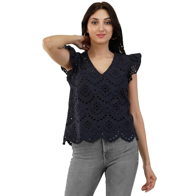 VAibr(ə)nt Women's Self Design Flutter Sleeve Schiffli Top