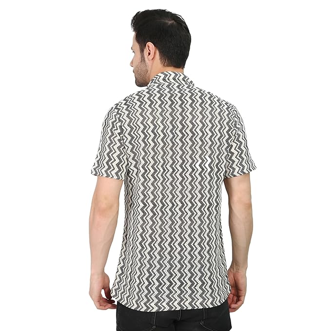 VAibr(ə)nt Men's White & Black Crochet Cuban Collar Relaxed Shirt