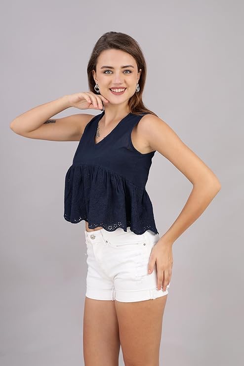 VAibr(ə)nt Schiffli & Gathered Detail Cotton Peplum Top