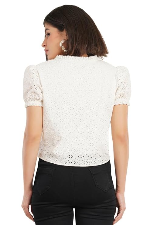 VAibr(ə)nt Women Tie-Up Neck Puff Sleeves Cotton Schiffli Top