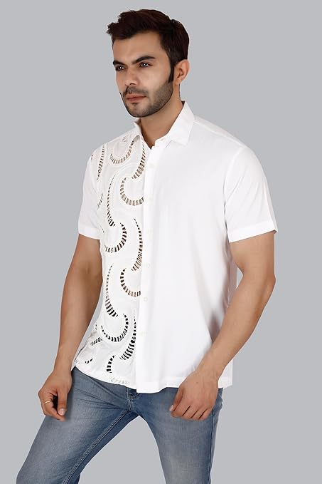 VAibr(ə)nt Men's White Crochet lace Embroidered Shirt