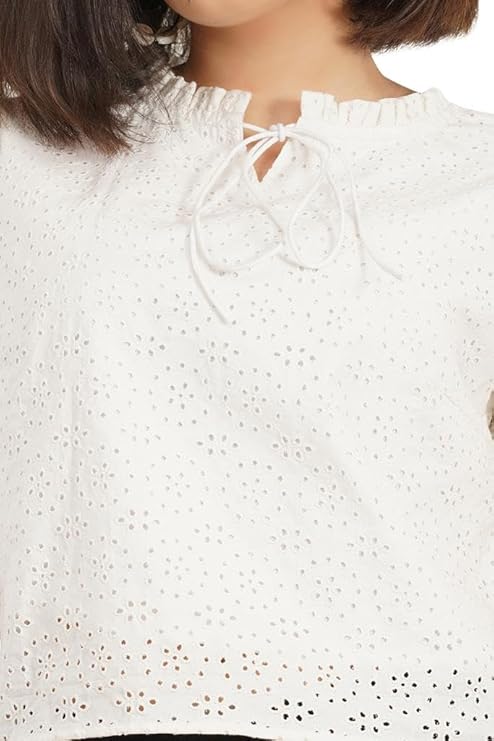 VAibr(ə)nt Women Tie-Up Neck Puff Sleeves Cotton Schiffli Top