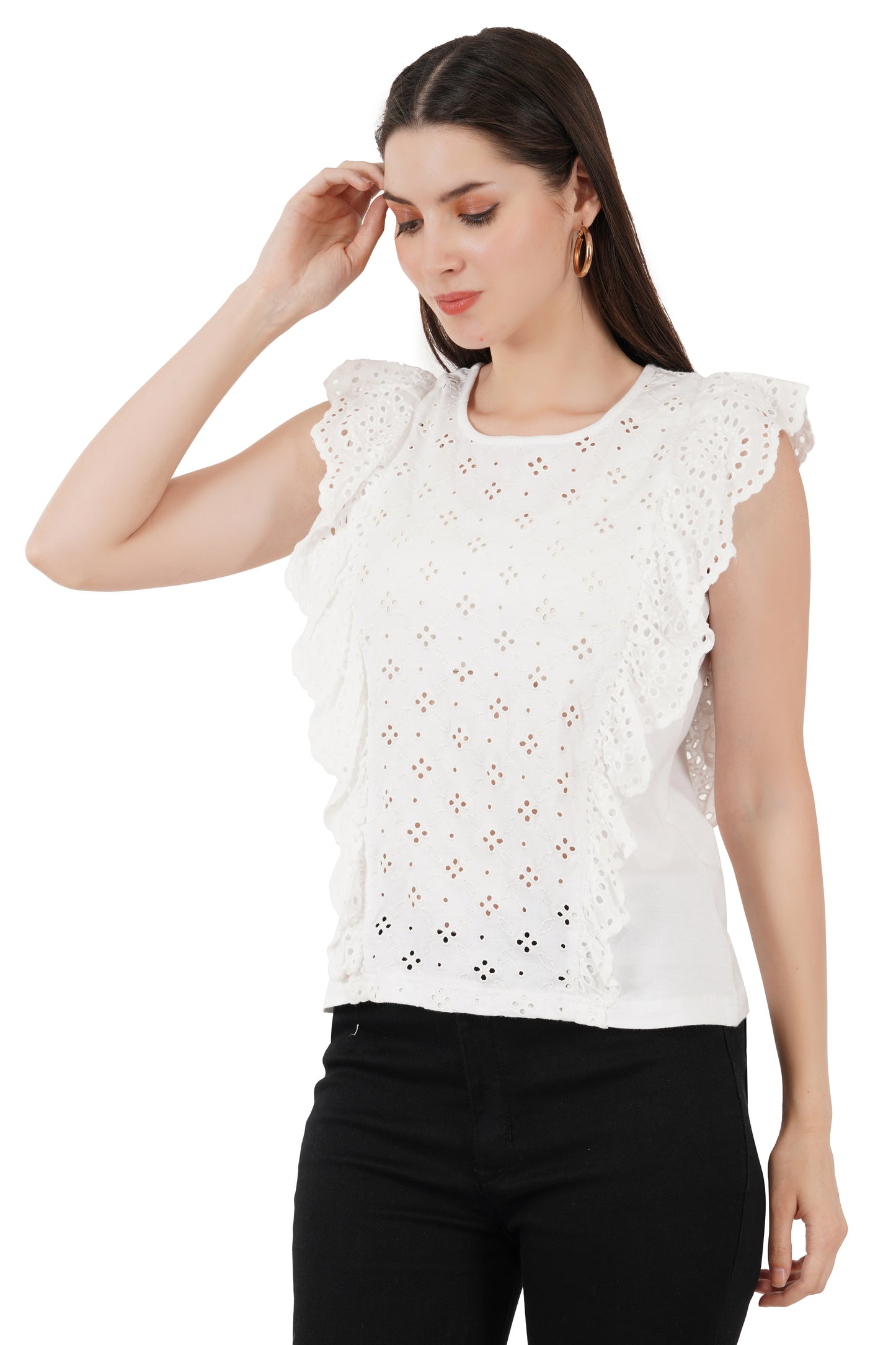 VAibr(ə)nt Self Design Flutter Sleeves Ruffles Schiffli Top