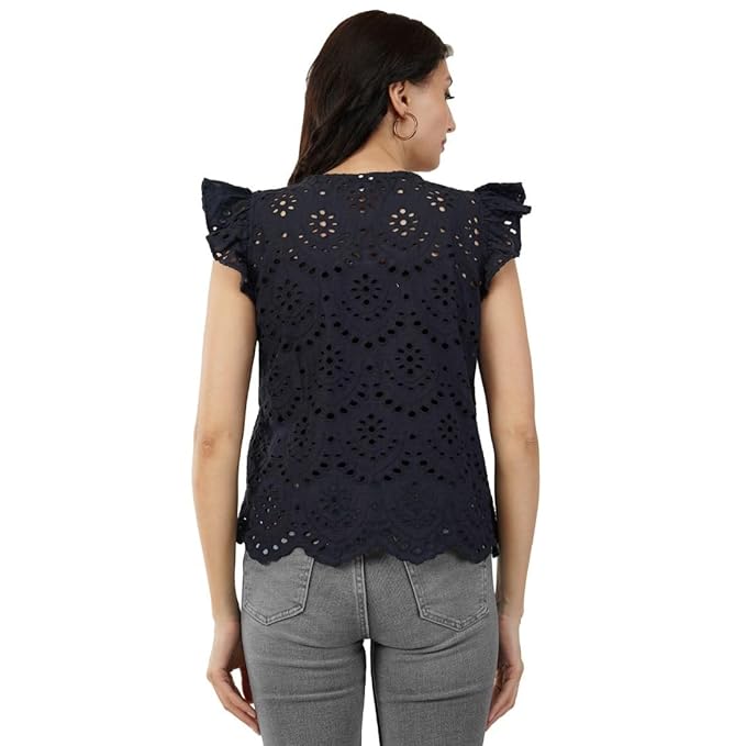 VAibr(ə)nt Women's Self Design Flutter Sleeve Schiffli Top