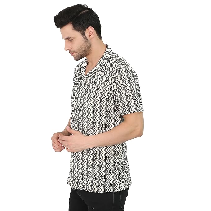 VAibr(ə)nt Men's White & Black Crochet Cuban Collar Relaxed Shirt