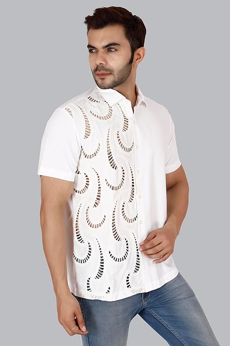 VAibr(ə)nt Men's White Crochet lace Embroidered Shirt