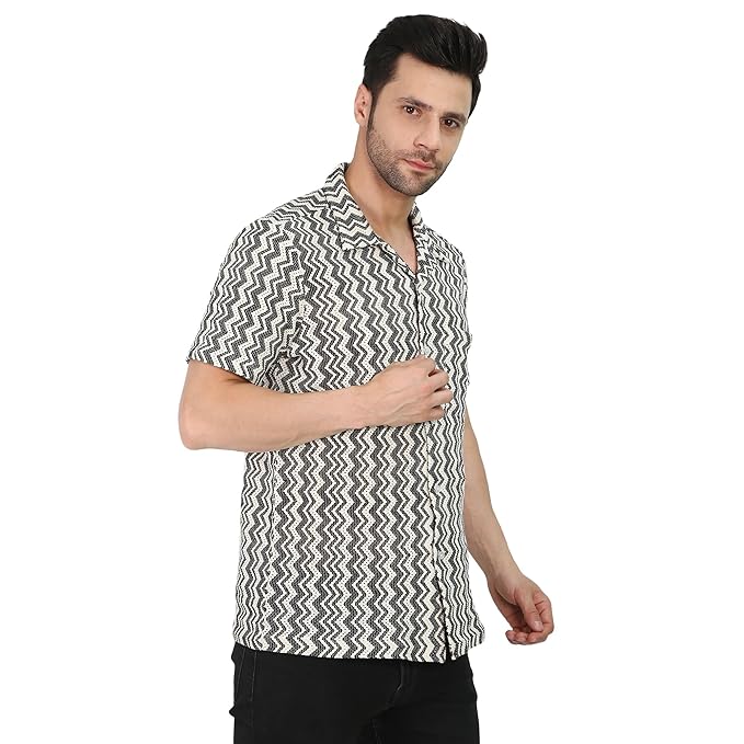VAibr(ə)nt Men's White & Black Crochet Cuban Collar Relaxed Shirt