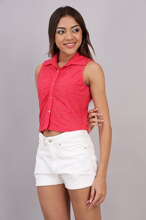 VAibr(ə)nt  Schiffli Embroidered Shirt Style Crop Top