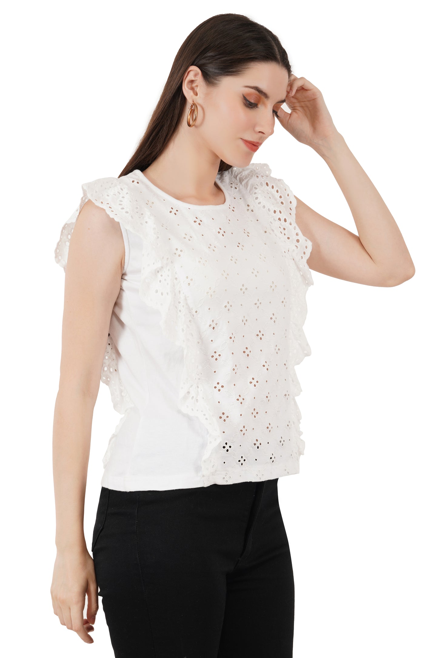 VAibr(ə)nt Self Design Flutter Sleeves Ruffles Schiffli Top