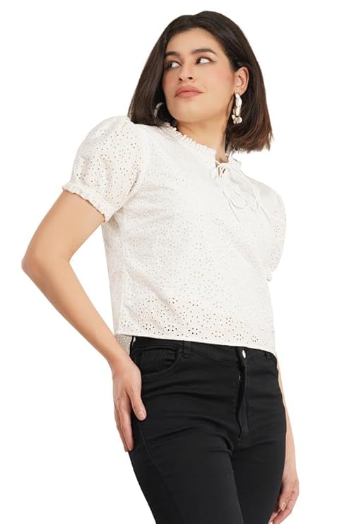 VAibr(ə)nt Women Tie-Up Neck Puff Sleeves Cotton Schiffli Top