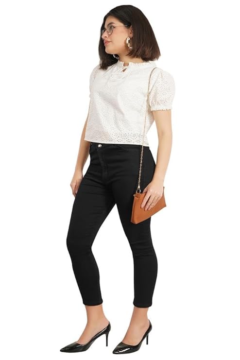 VAibr(ə)nt Women Tie-Up Neck Puff Sleeves Cotton Schiffli Top