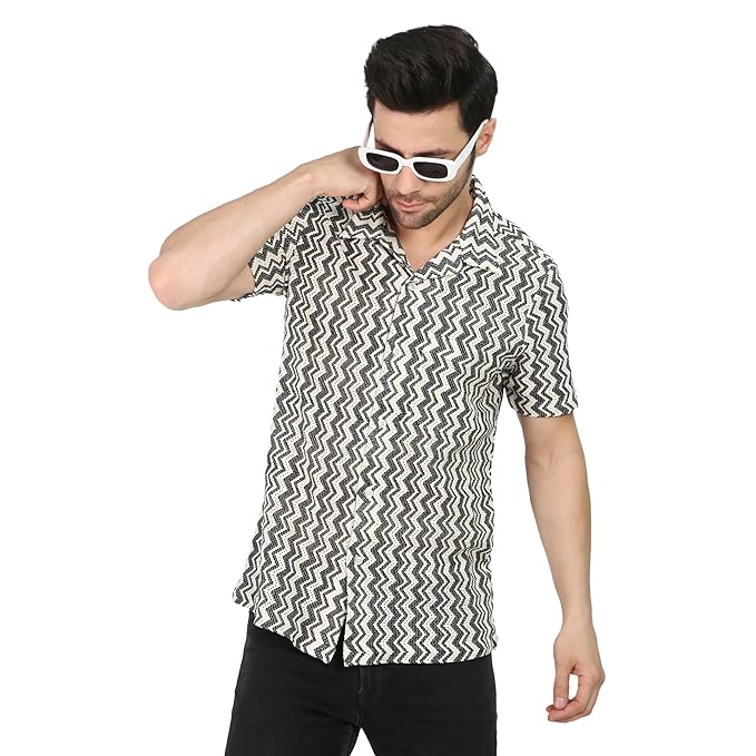 VAibr(ə)nt Men's White & Black Crochet Cuban Collar Relaxed Shirt