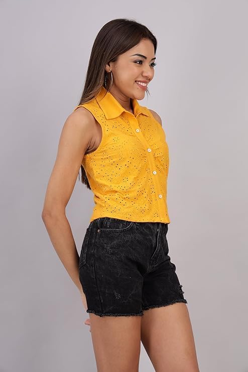 VAibr(ə)nt  Schiffli Embroidered Shirt Style Crop Top