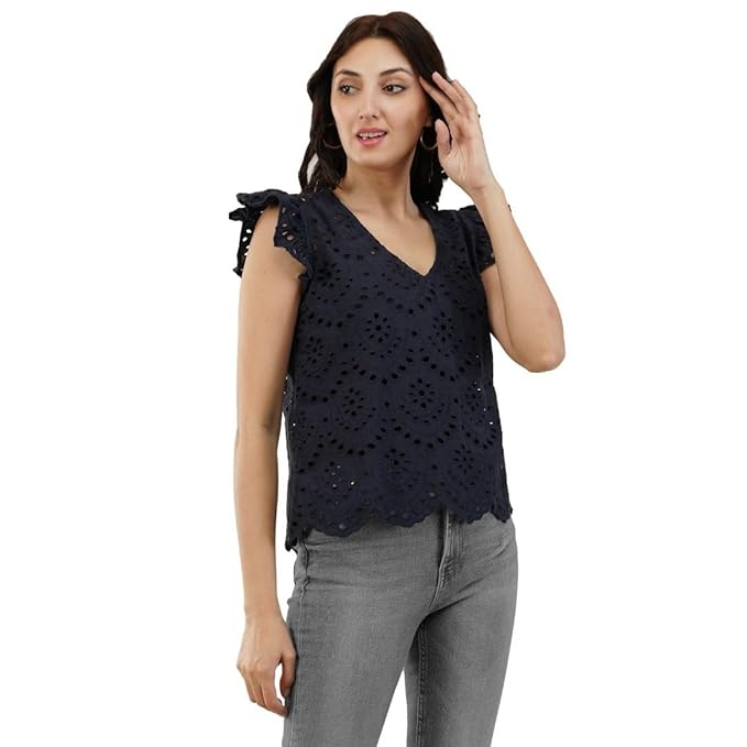 VAibr(ə)nt Women's Self Design Flutter Sleeve Schiffli Top