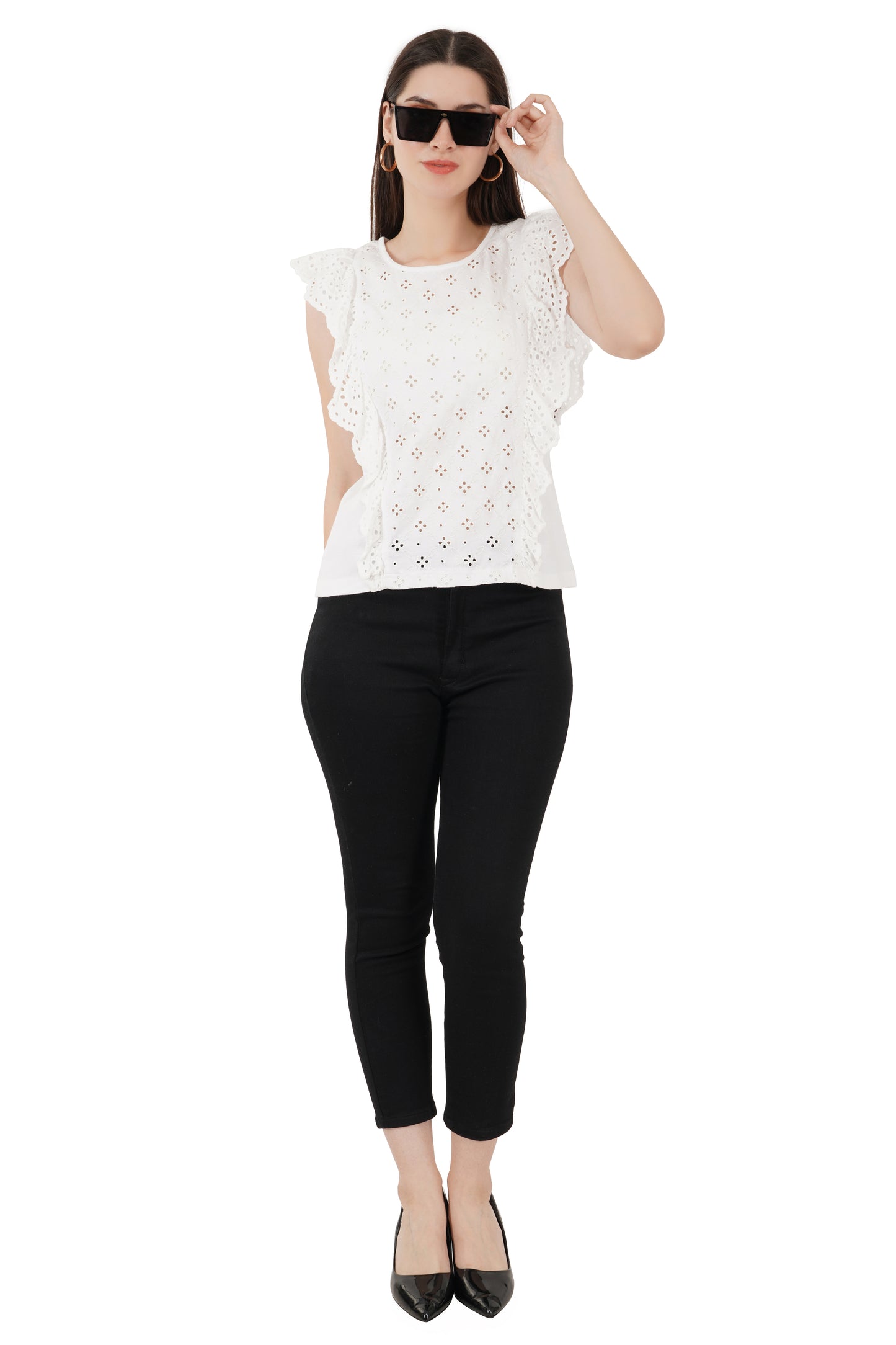 VAibr(ə)nt Self Design Flutter Sleeves Ruffles Schiffli Top