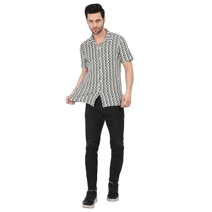 VAibr(ə)nt Men's White & Black Crochet Cuban Collar Relaxed Shirt