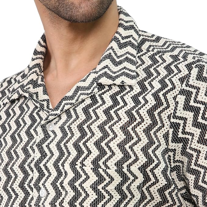 VAibr(ə)nt Men's White & Black Crochet Cuban Collar Relaxed Shirt
