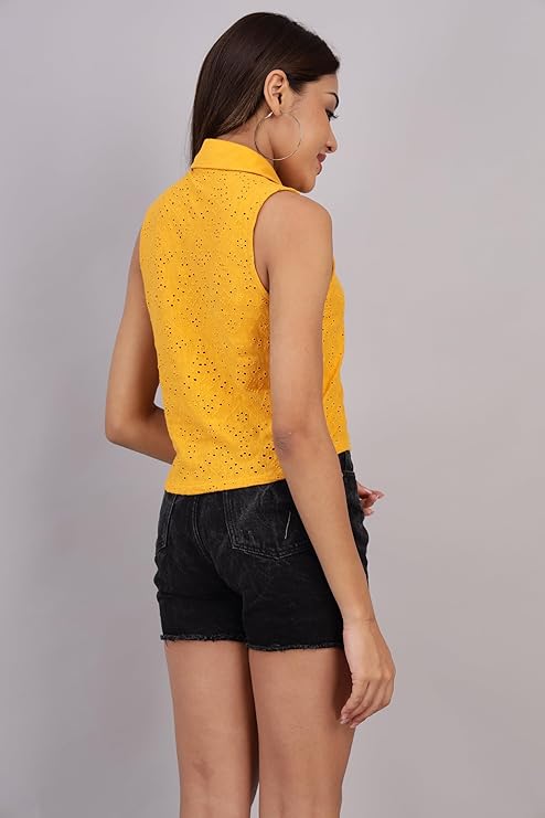 VAibr(ə)nt  Schiffli Embroidered Shirt Style Crop Top