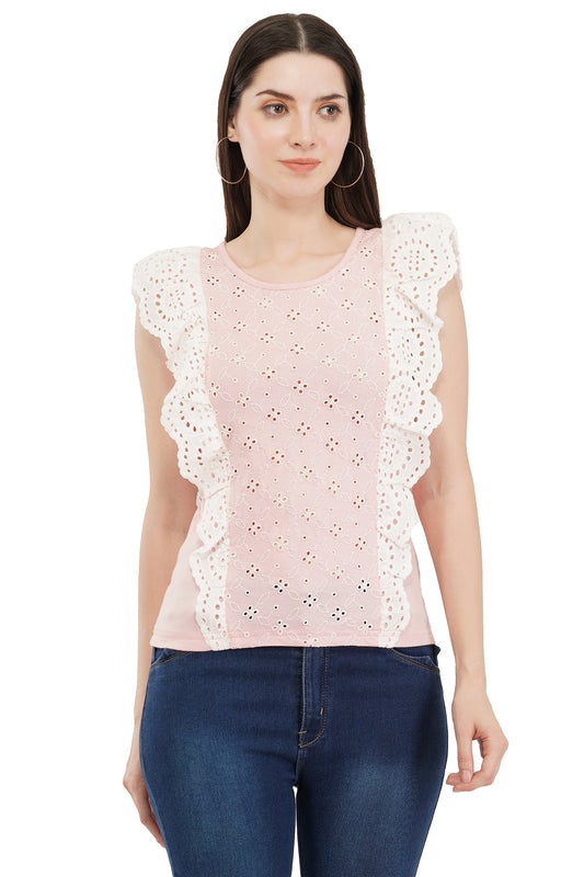 VAibr(ə)nt Self Design Flutter Sleeves Ruffles Schiffli Top