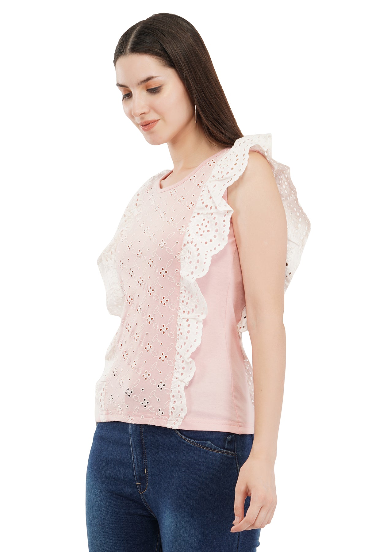 VAibr(ə)nt Self Design Flutter Sleeves Ruffles Schiffli Top