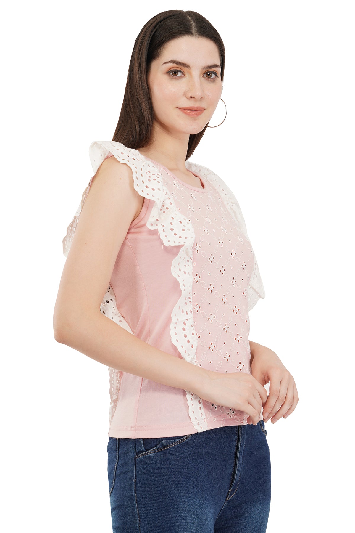 VAibr(ə)nt Self Design Flutter Sleeves Ruffles Schiffli Top