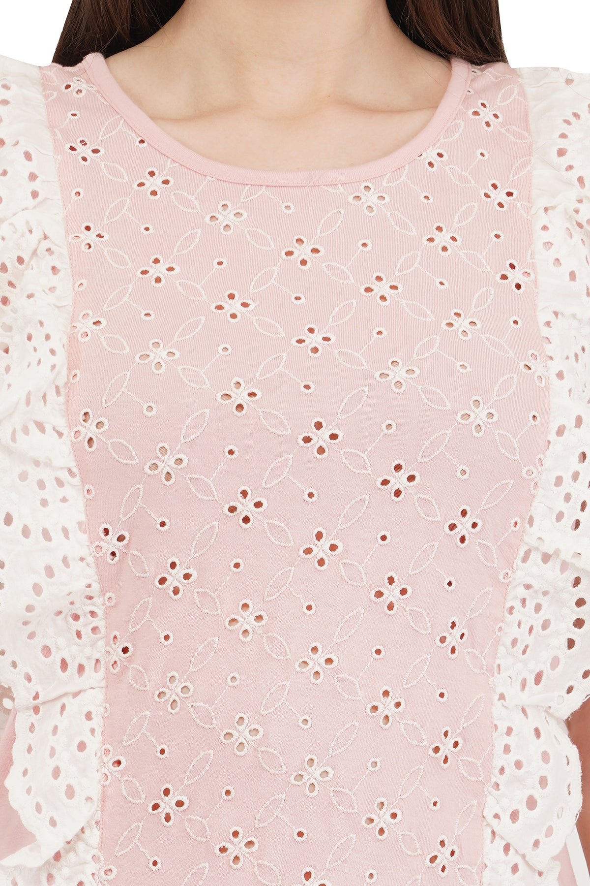 VAibr(ə)nt Self Design Flutter Sleeves Ruffles Schiffli Top